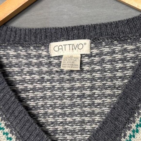 NEW Cattivo Houndstooth Retro Multicolor V‎ Neck Wool Grey Sweater 90s XL - Picture 2 of 6